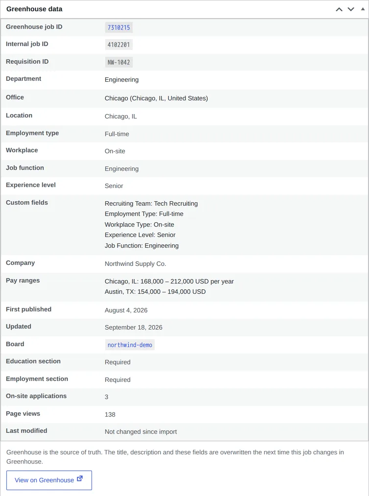 The read-only Greenhouse data box on a job: IDs, department, office, location, pay ranges, board, education and employment sections, applications and page views