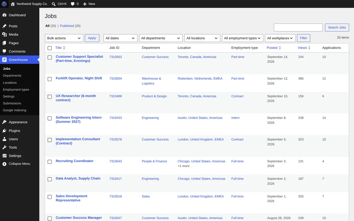 The Greenhouse Jobs screen in wp-admin with Job ID, department, location, employment type, posted date, views and applications columns