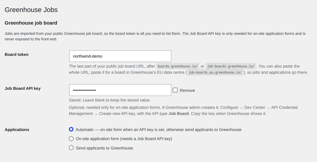 The Greenhouse job board section of the settings screen: Board token, a masked Job Board API key and the Applications choice