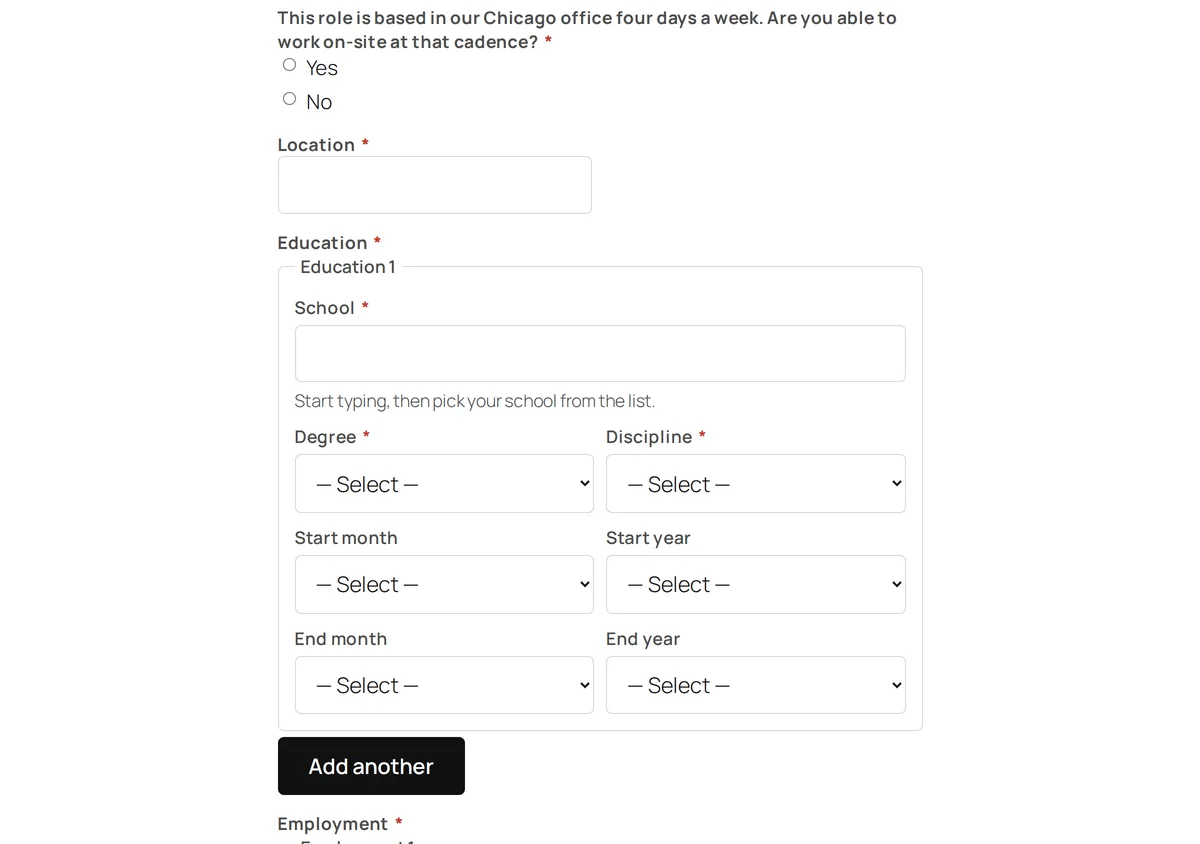 The on-site application form on a job page, showing a location question and the education section with school, degree and discipline