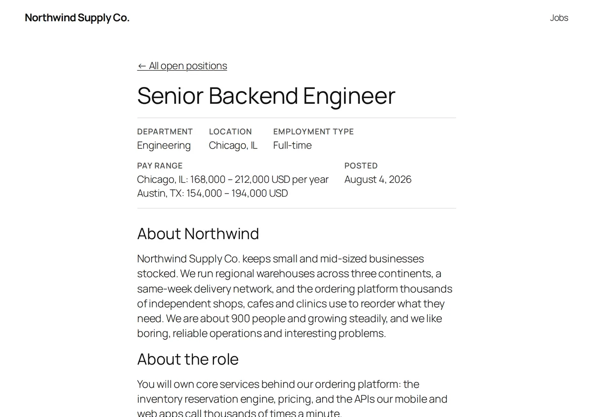 A job page with the description, the department and location, and an Apply button