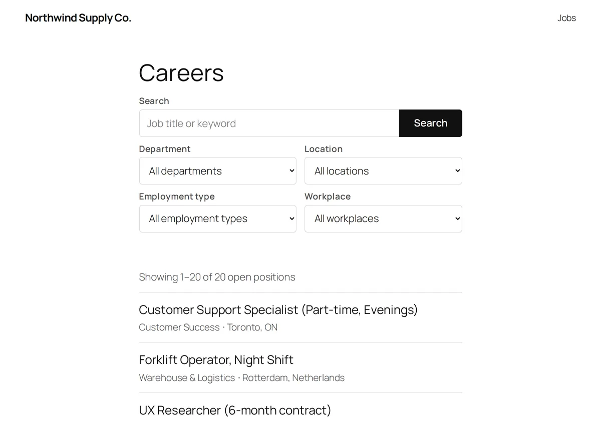 Careers page listing open jobs, with a search box and Department and Location filters